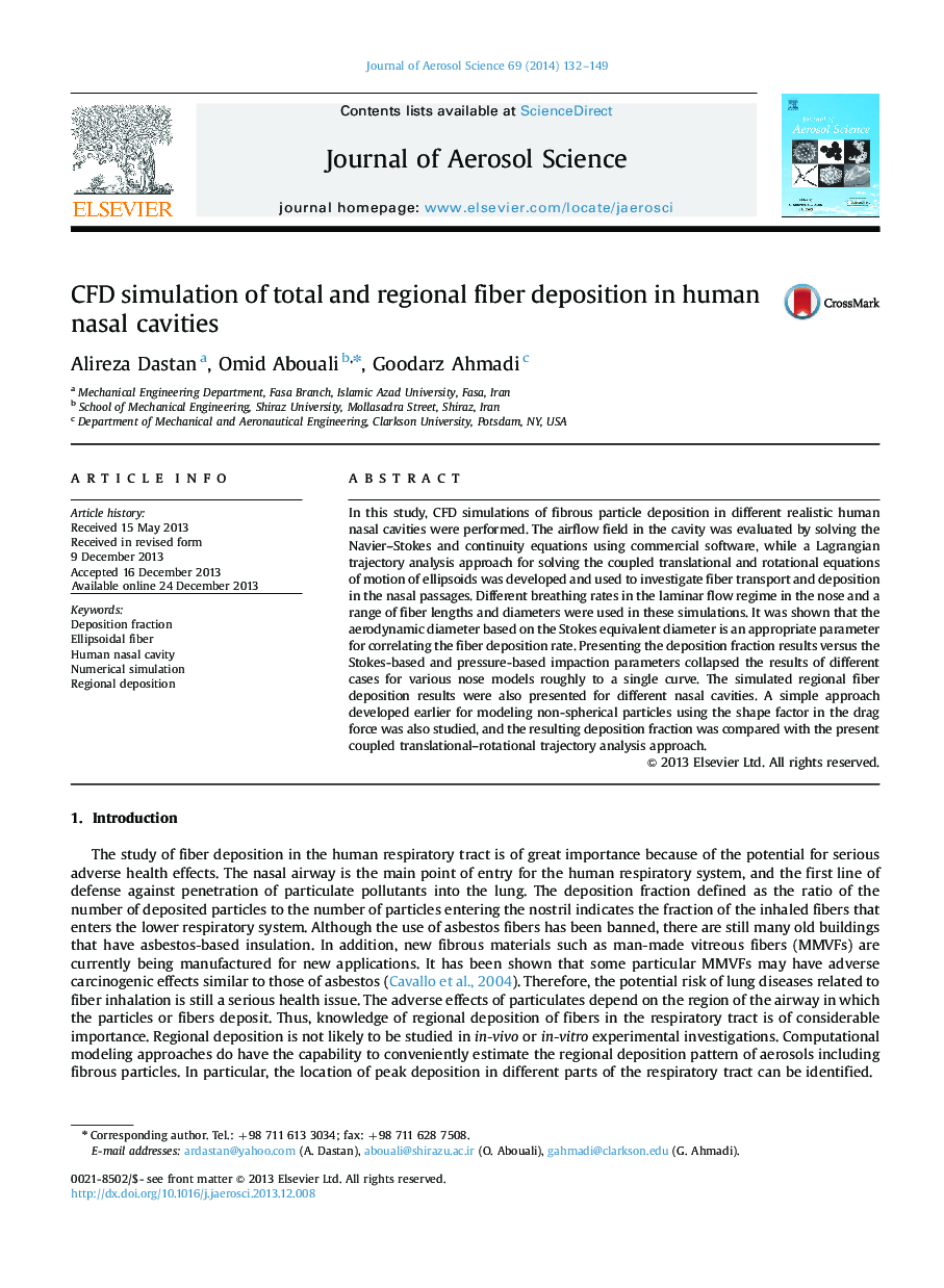 CFD simulation of total and regional fiber deposition in human nasal cavities