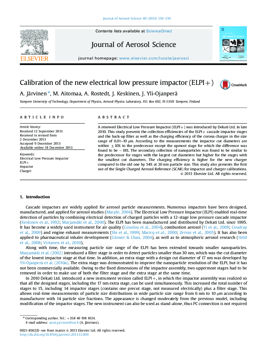 Calibration of the new electrical low pressure impactor (ELPI+)