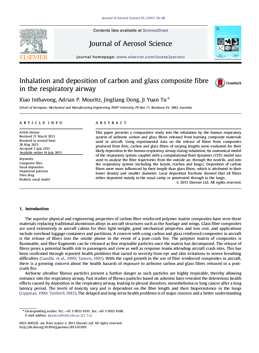 Inhalation and deposition of carbon and glass composite fibre in the respiratory airway