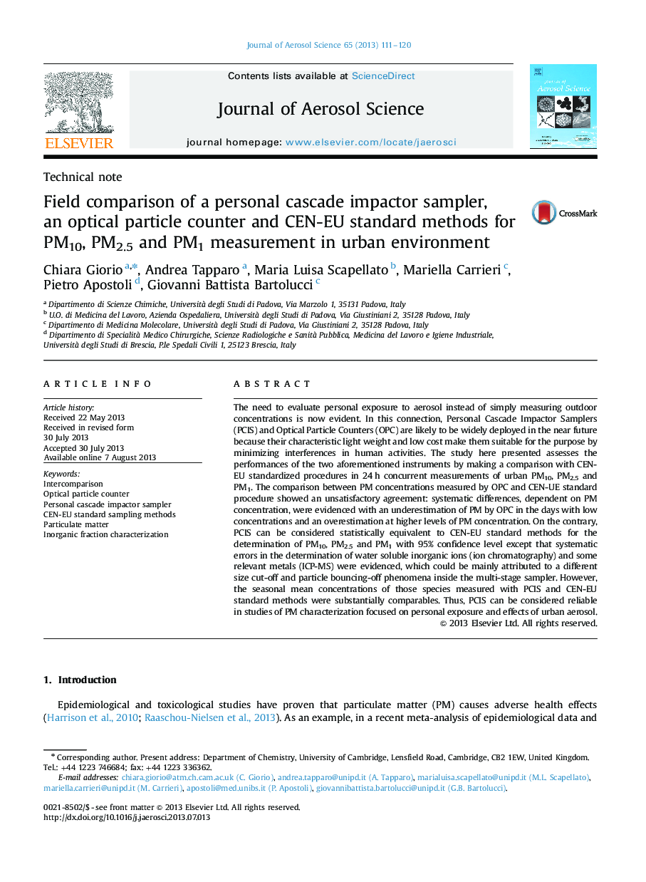 Field comparison of a personal cascade impactor sampler, an optical particle counter and CEN-EU standard methods for PM10, PM2.5 and PM1 measurement in urban environment