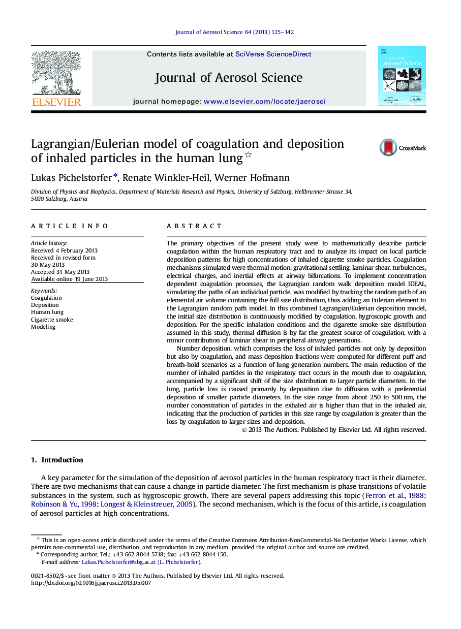 Lagrangian/Eulerian model of coagulation and deposition of inhaled particles in the human lung