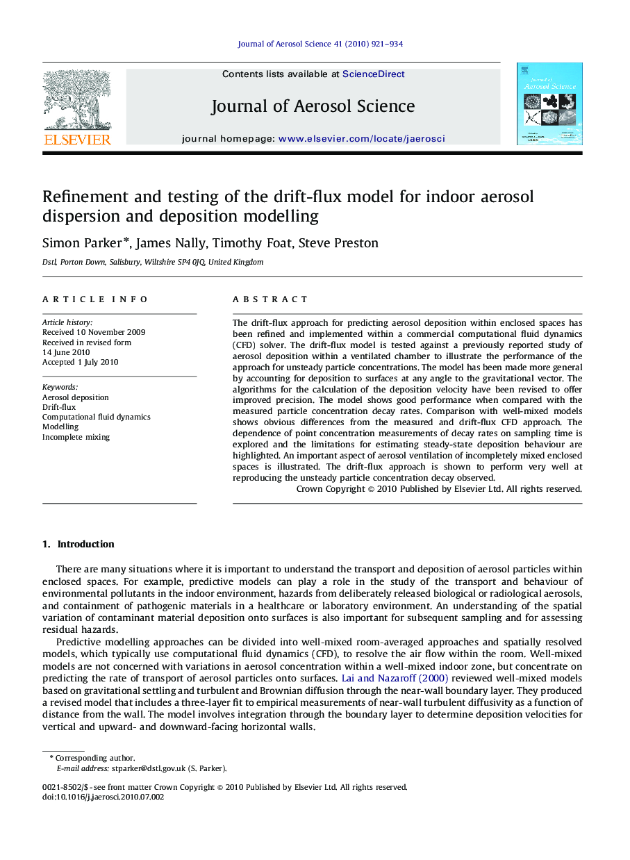 Refinement and testing of the drift-flux model for indoor aerosol dispersion and deposition modelling