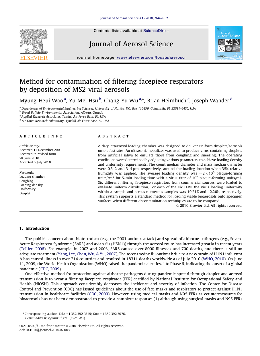 Method for contamination of filtering facepiece respirators by deposition of MS2 viral aerosols