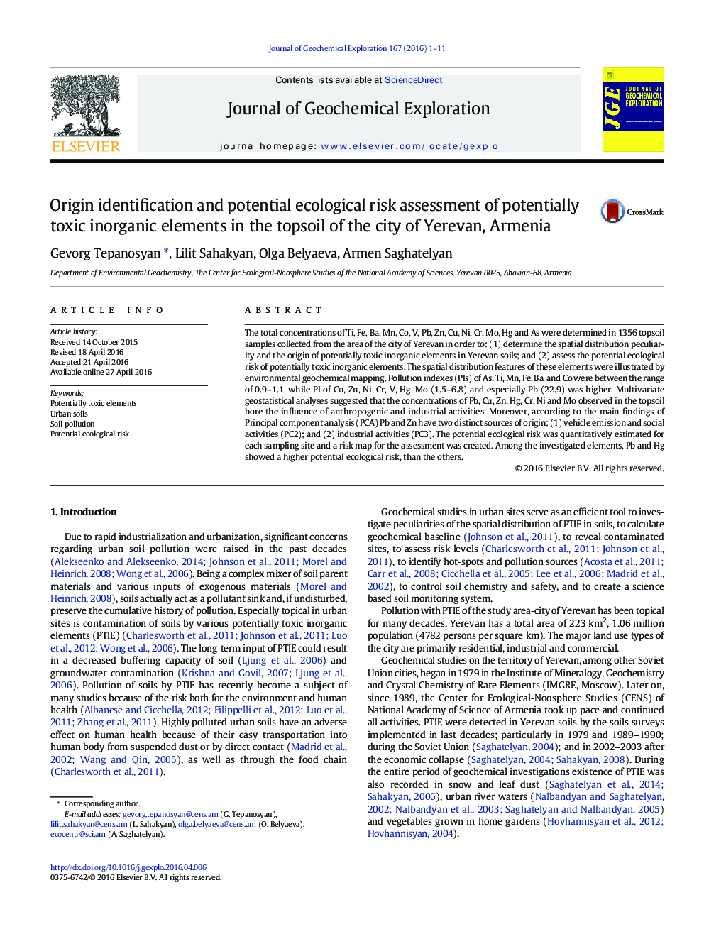 Origin identification and potential ecological risk assessment of potentially toxic inorganic elements in the topsoil of the city of Yerevan, Armenia