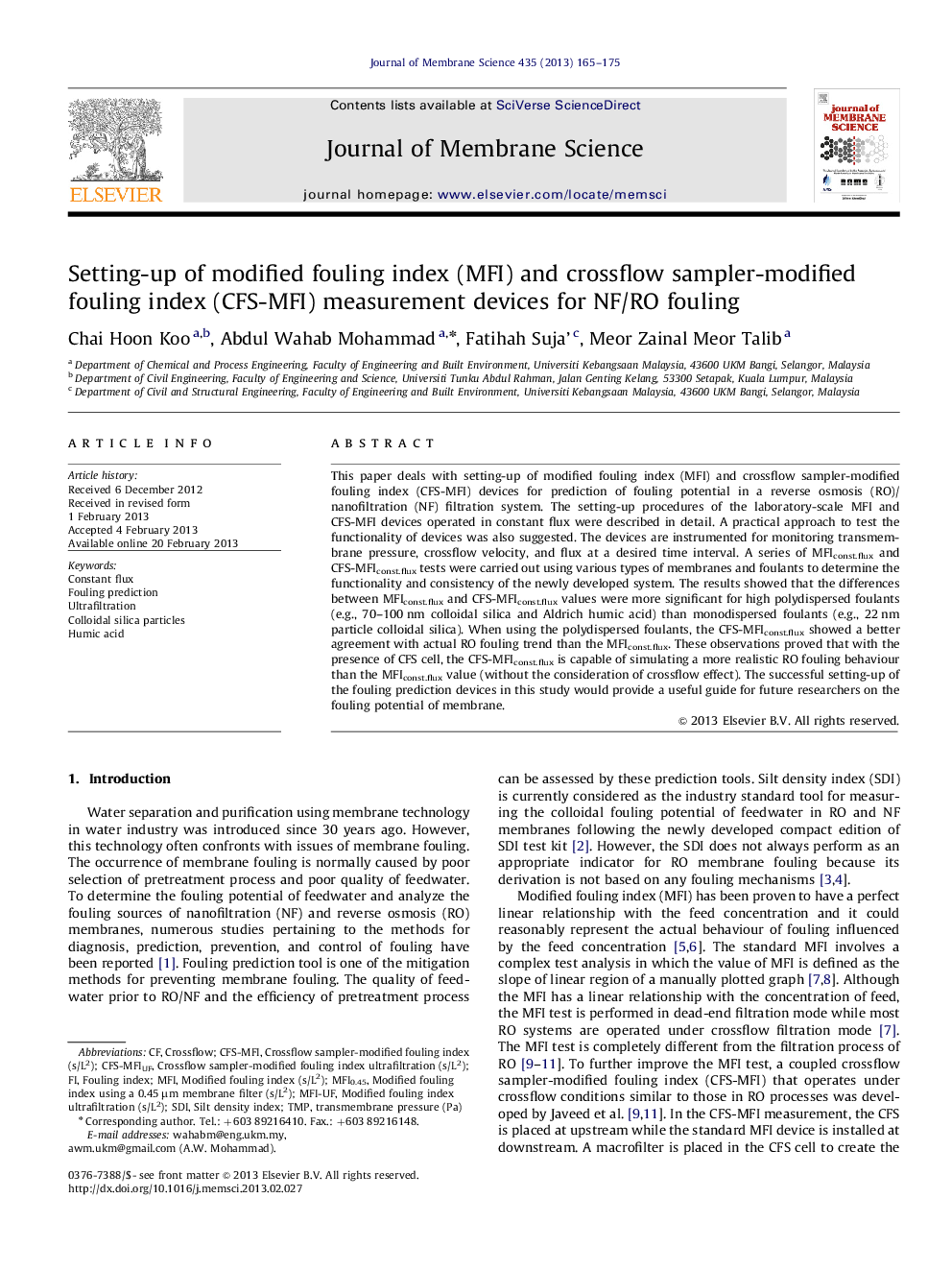 Setting-up of modified fouling index (MFI) and crossflow sampler-modified fouling index (CFS-MFI) measurement devices for NF/RO fouling