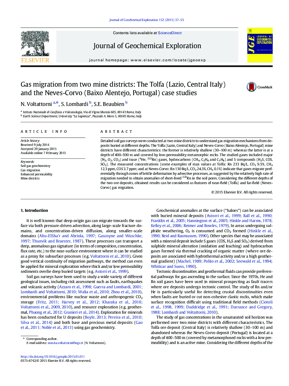 Gas migration from two mine districts: The Tolfa (Lazio, Central Italy) and the Neves-Corvo (Baixo Alentejo, Portugal) case studies