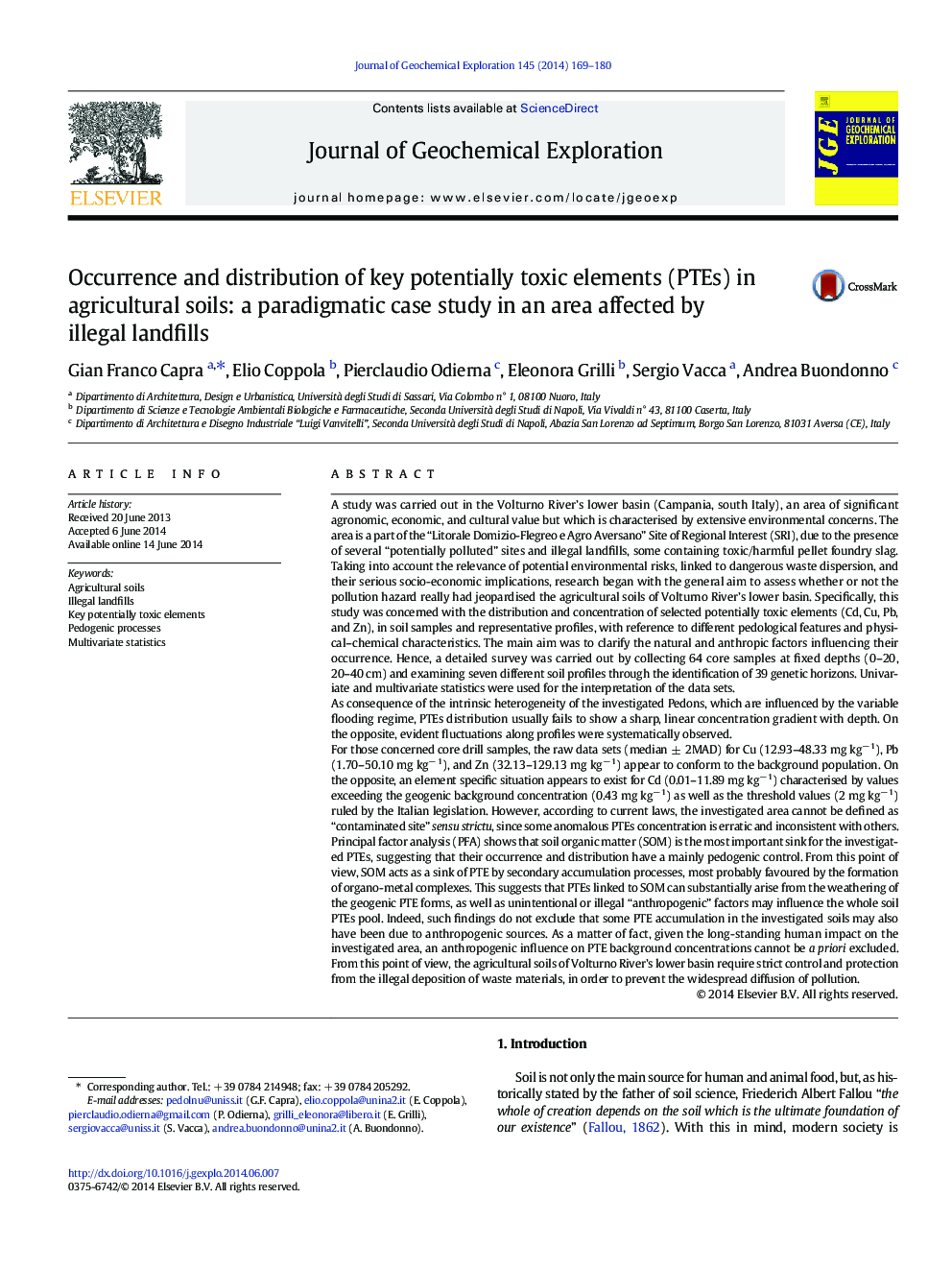 Occurrence and distribution of key potentially toxic elements (PTEs) in agricultural soils: a paradigmatic case study in an area affected by illegal landfills