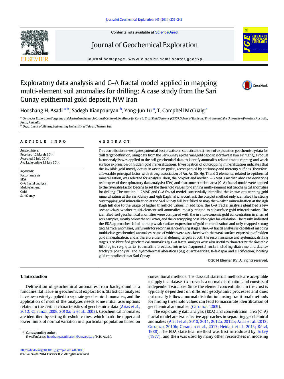 Exploratory data analysis and C-A fractal model applied in mapping multi-element soil anomalies for drilling: A case study from the Sari Gunay epithermal gold deposit, NW Iran