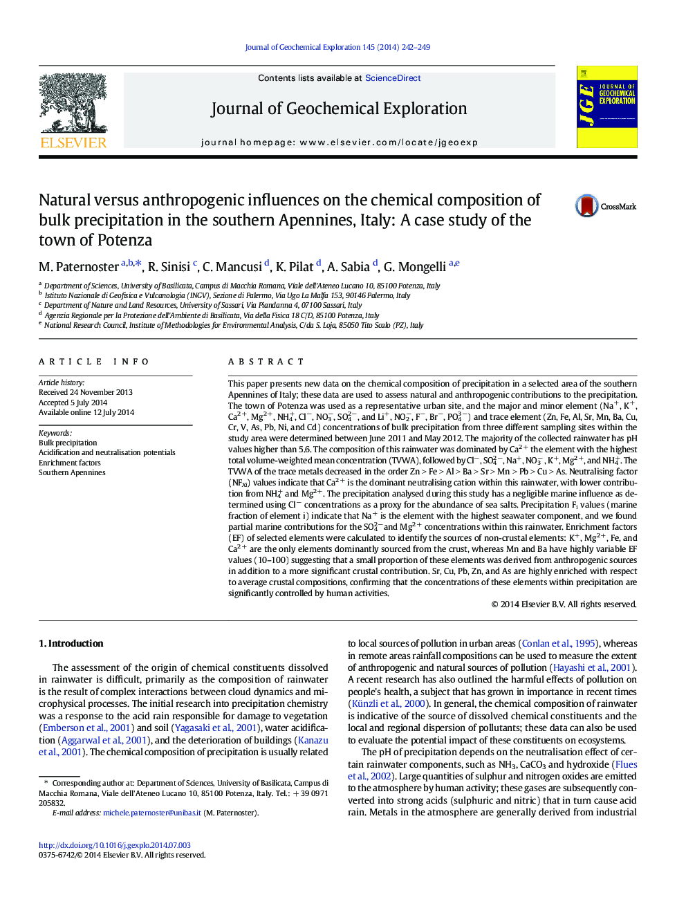 Natural versus anthropogenic influences on the chemical composition of bulk precipitation in the southern Apennines, Italy: A case study of the town of Potenza