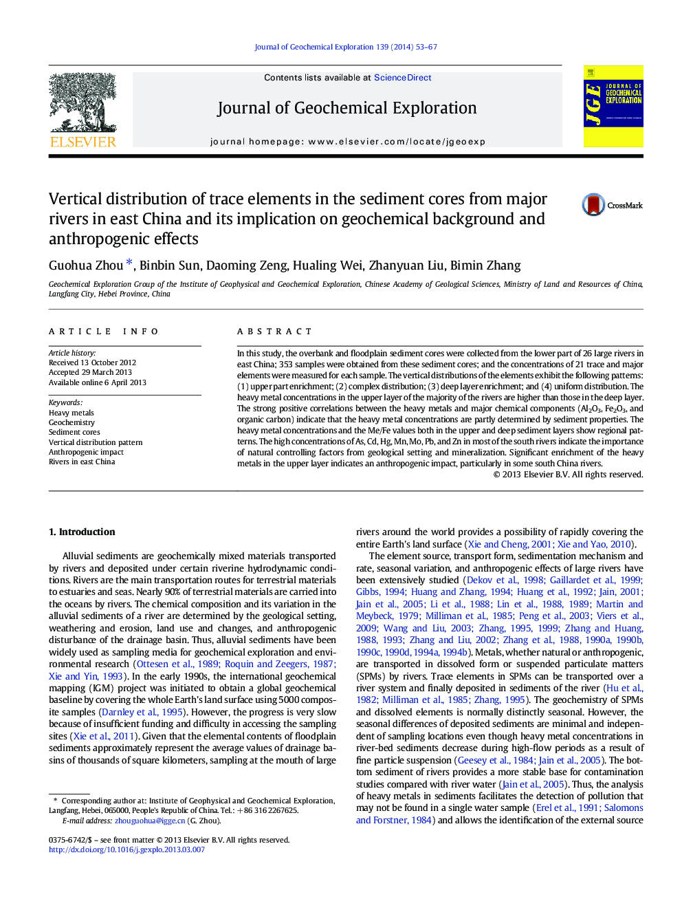 Vertical distribution of trace elements in the sediment cores from major rivers in east China and its implication on geochemical background and anthropogenic effects