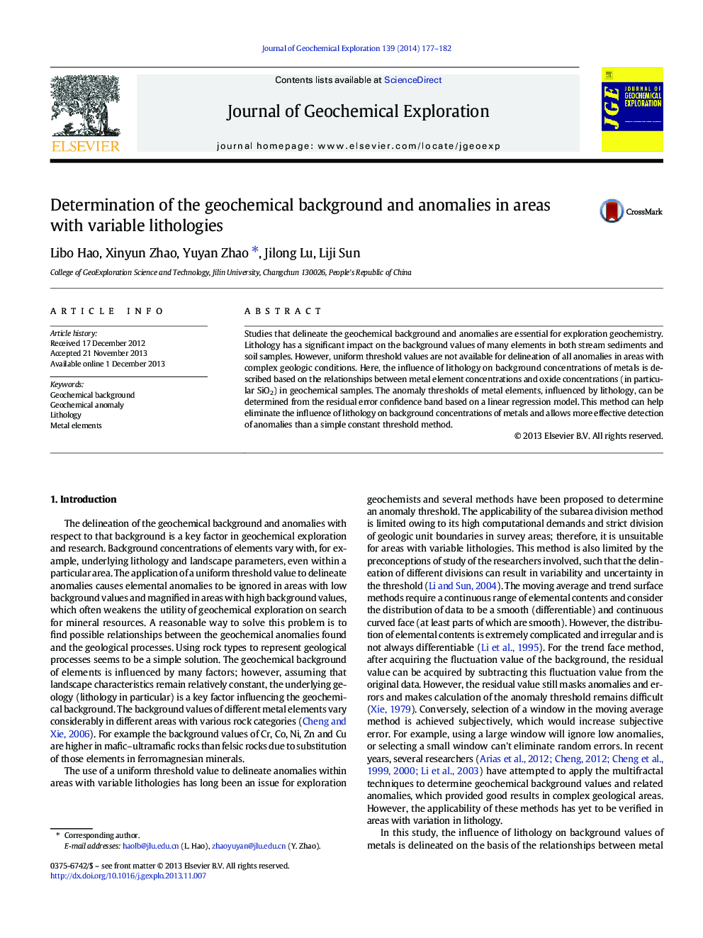 Determination of the geochemical background and anomalies in areas with variable lithologies