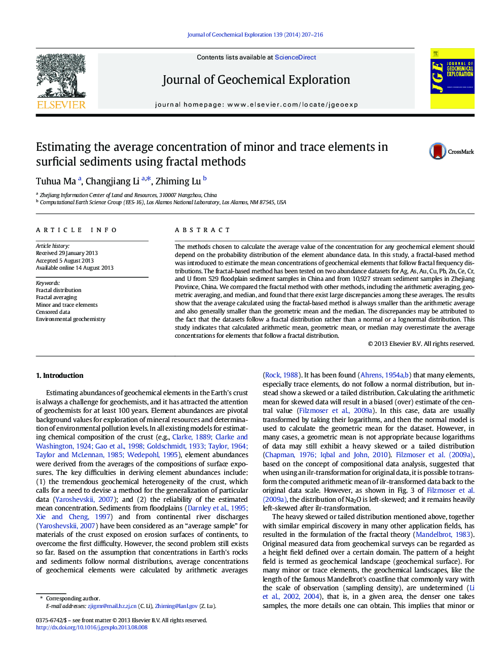 Estimating the average concentration of minor and trace elements in surficial sediments using fractal methods