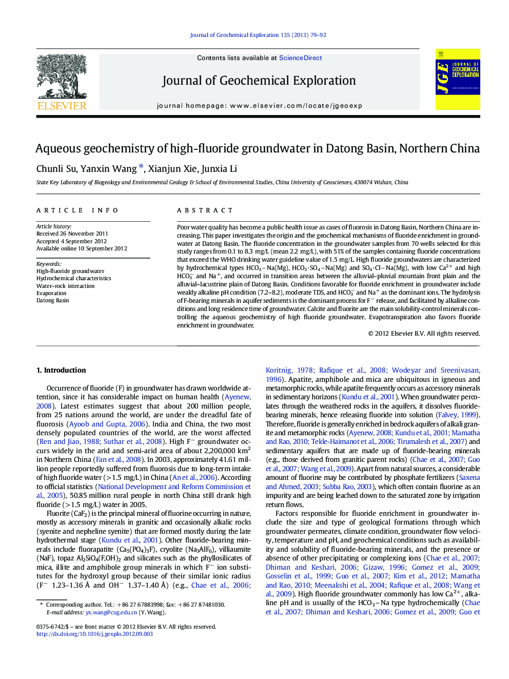 Aqueous geochemistry of high-fluoride groundwater in Datong Basin, Northern China