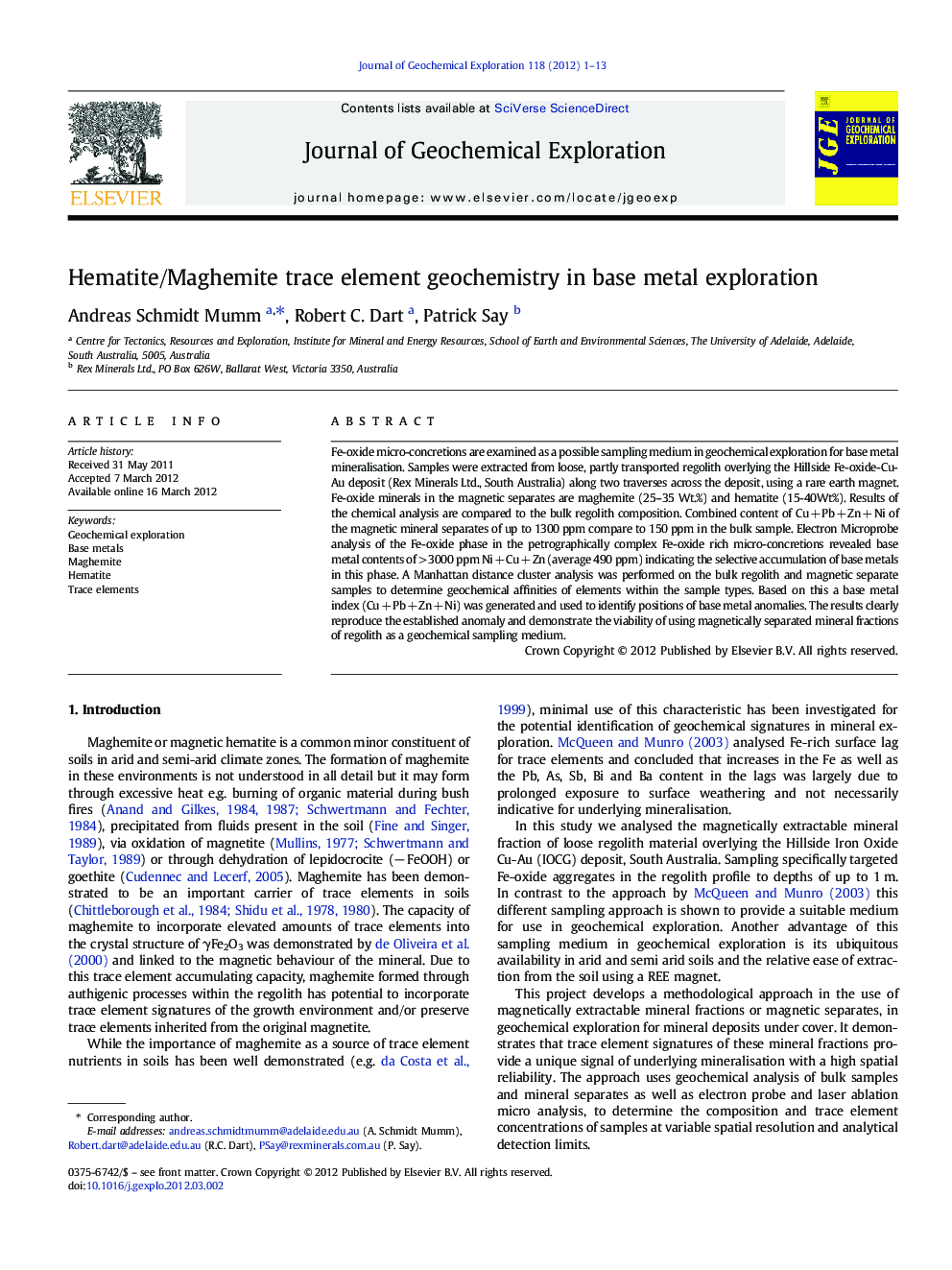 Hematite/Maghemite trace element geochemistry in base metal exploration