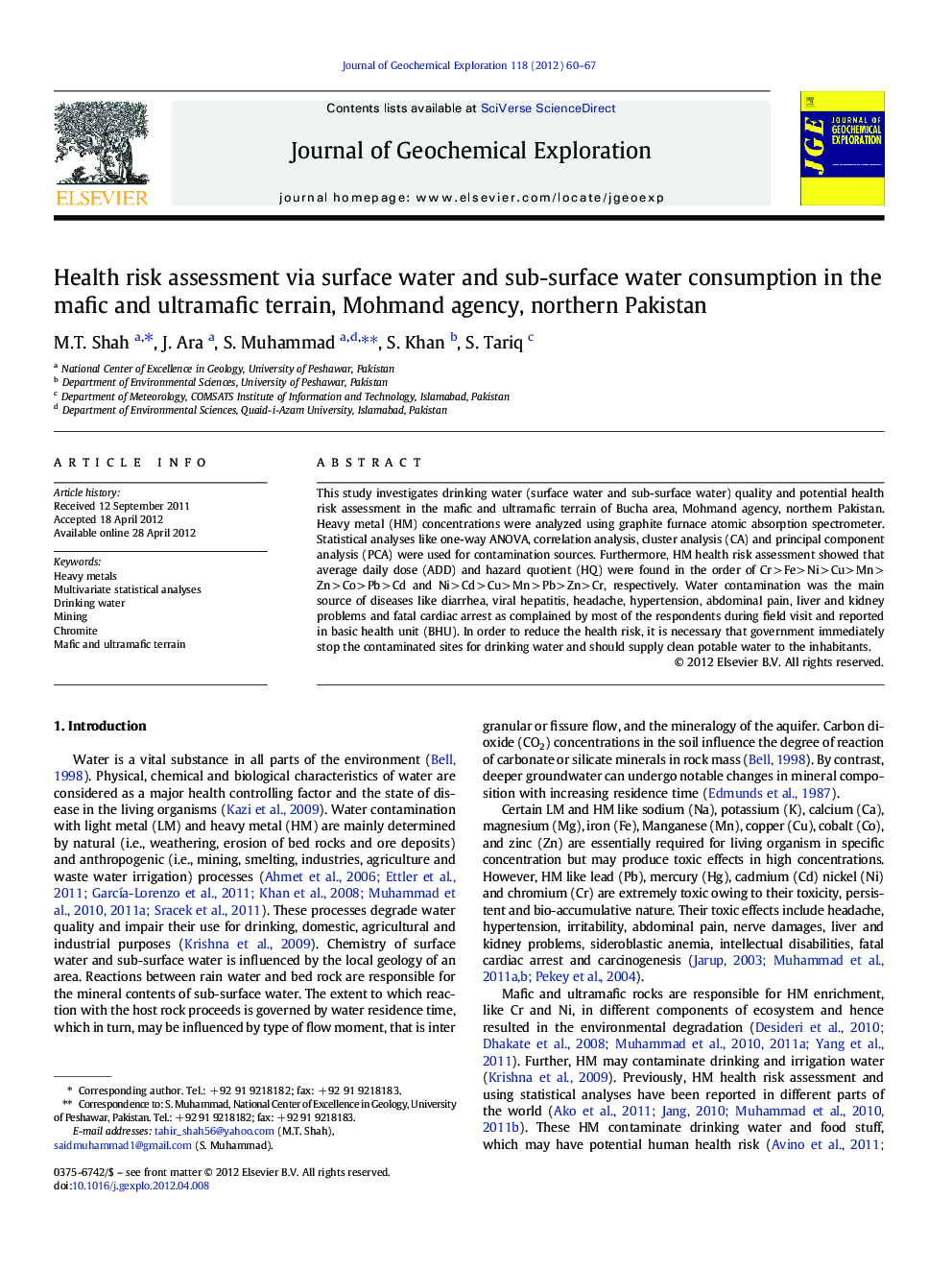 Health risk assessment via surface water and sub-surface water consumption in the mafic and ultramafic terrain, Mohmand agency, northern Pakistan