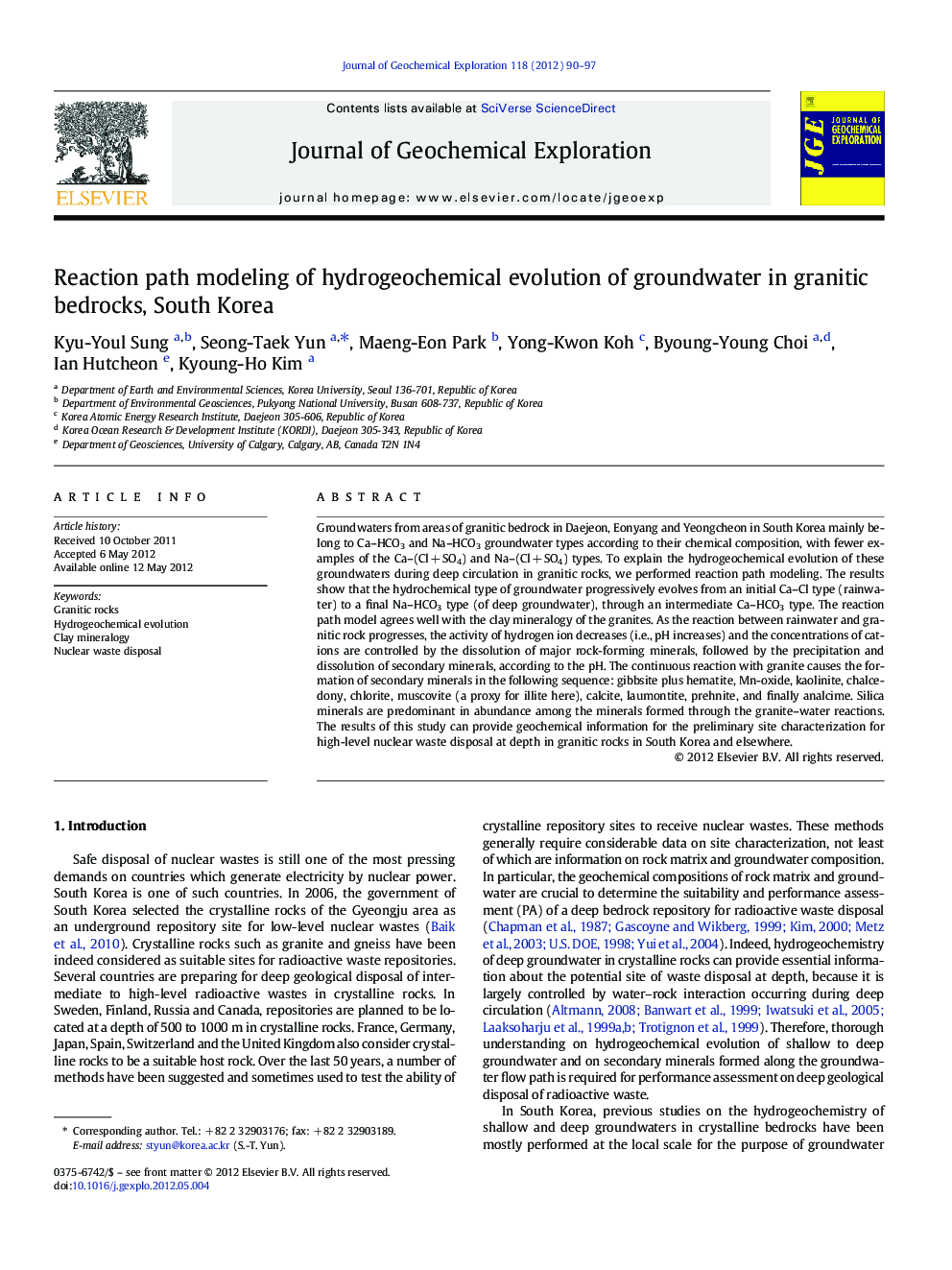 Reaction path modeling of hydrogeochemical evolution of groundwater in granitic bedrocks, South Korea