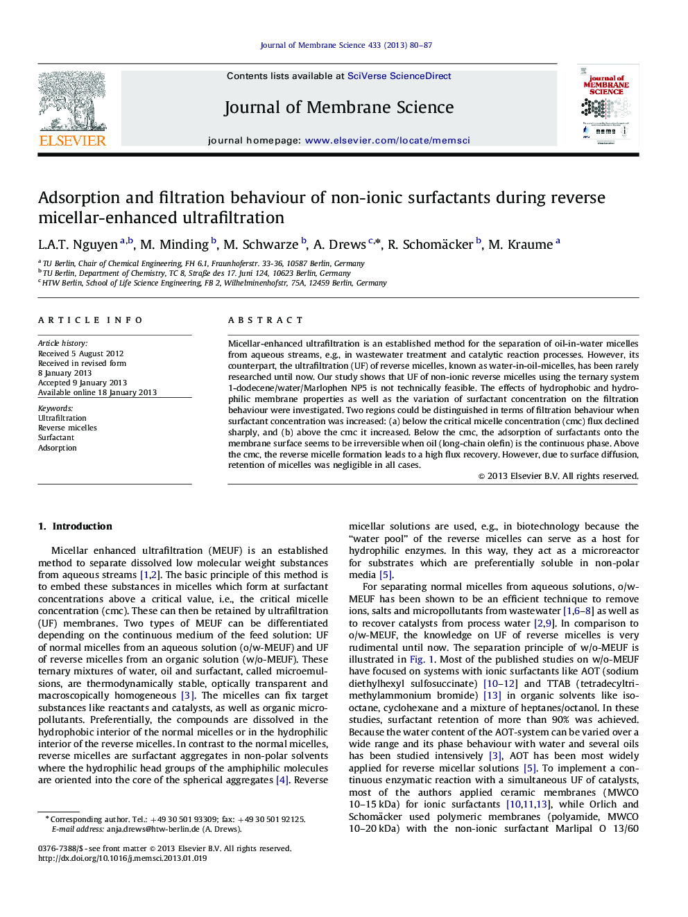 Adsorption and filtration behaviour of non-ionic surfactants during reverse micellar-enhanced ultrafiltration