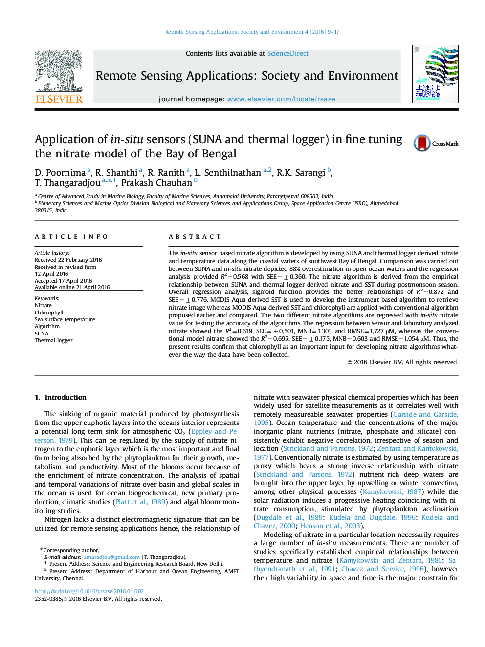 Application of in-situ sensors (SUNA and thermal logger) in fine tuning the nitrate model of the Bay of Bengal