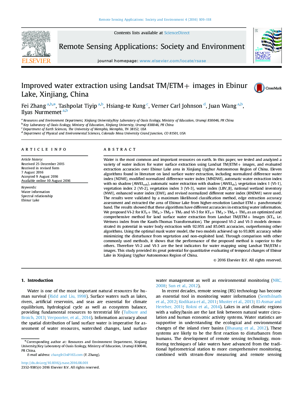 Improved water extraction using Landsat TM/ETM+ images in Ebinur Lake, Xinjiang, China