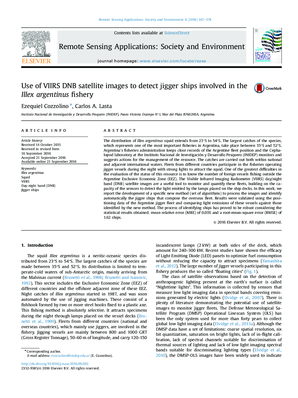 Use of VIIRS DNB satellite images to detect jigger ships involved in the Illex argentinus fishery