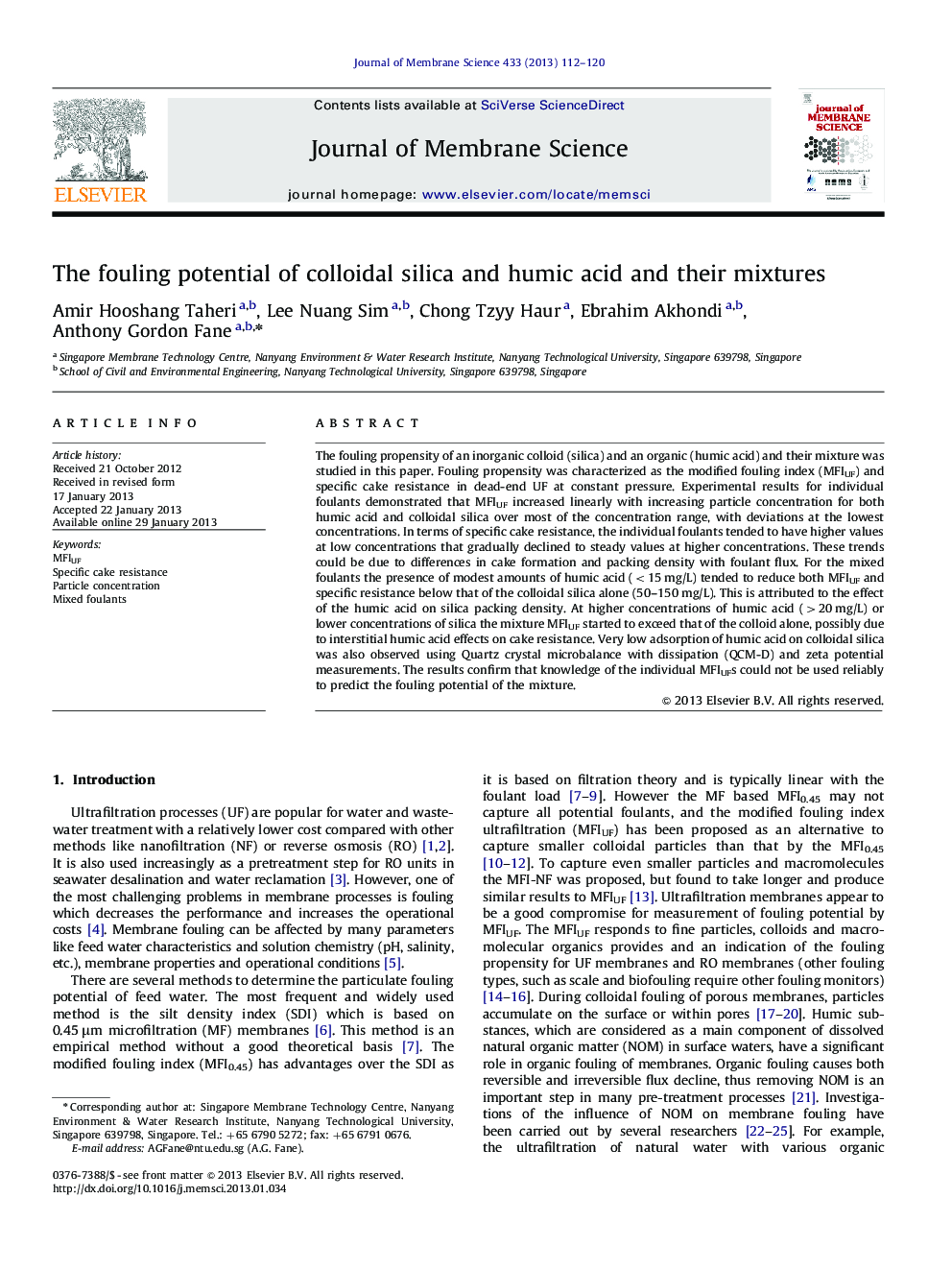 The fouling potential of colloidal silica and humic acid and their mixtures