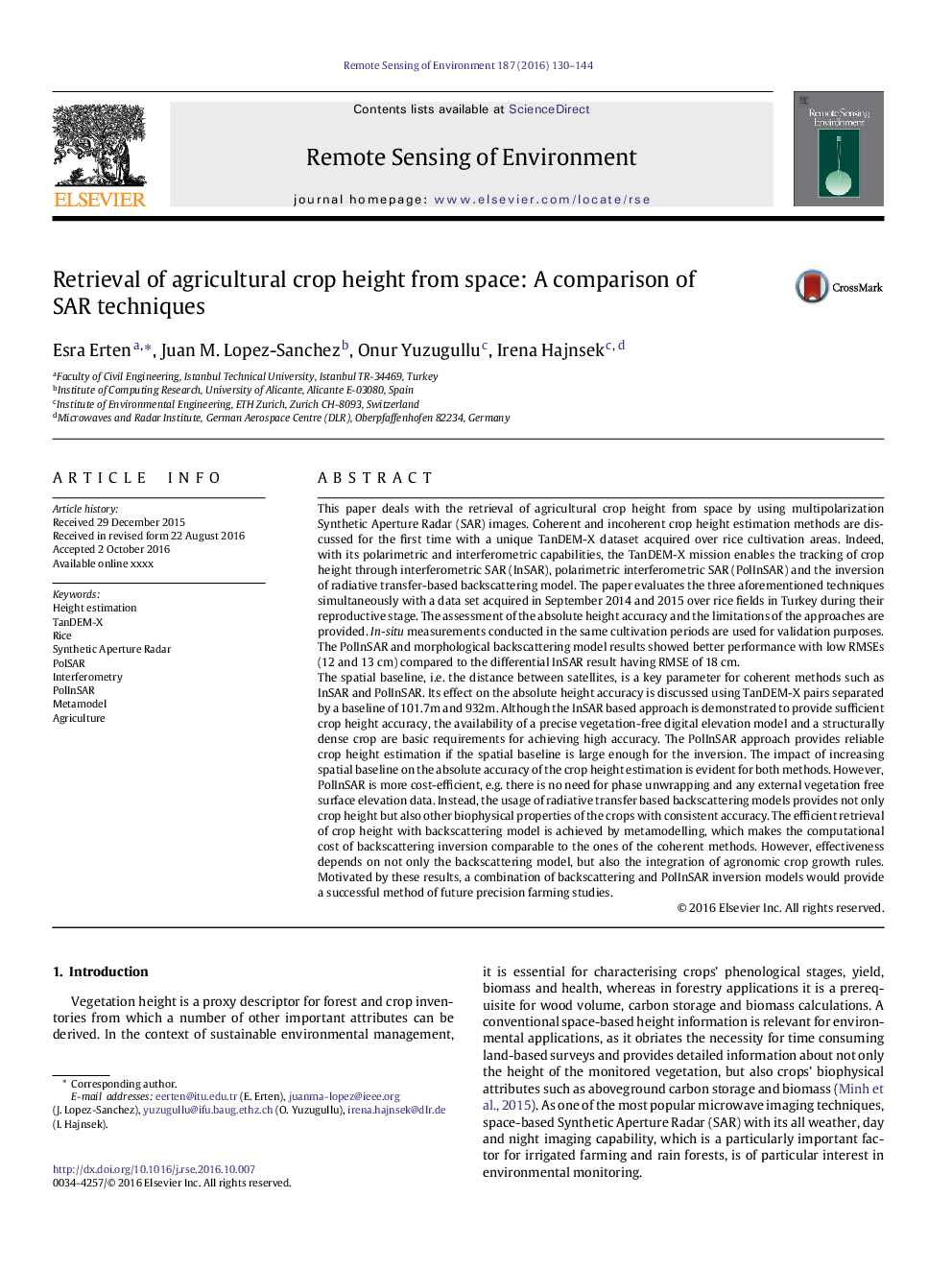 Retrieval of agricultural crop height from space: A comparison of SARÂ techniques