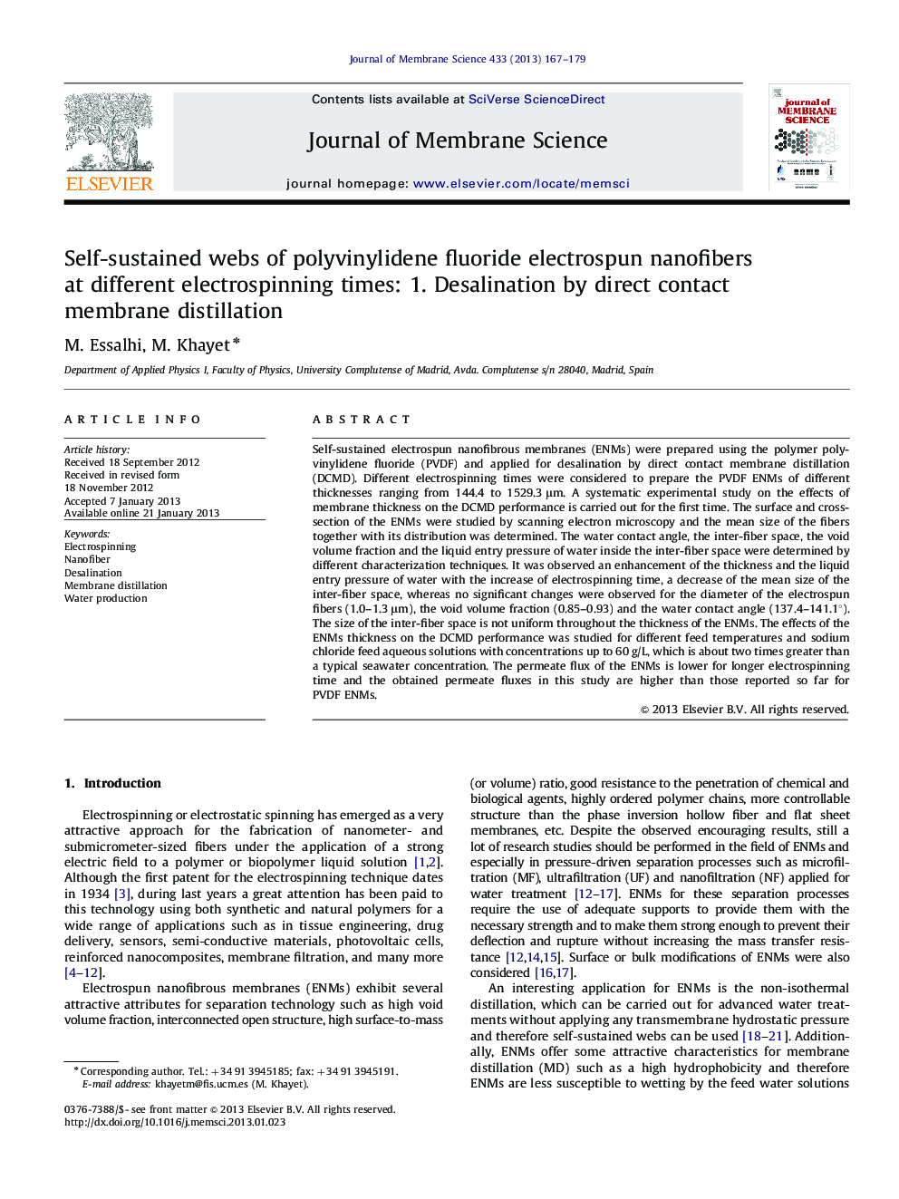 Self-sustained webs of polyvinylidene fluoride electrospun nanofibers at different electrospinning times: 1. Desalination by direct contact membrane distillation