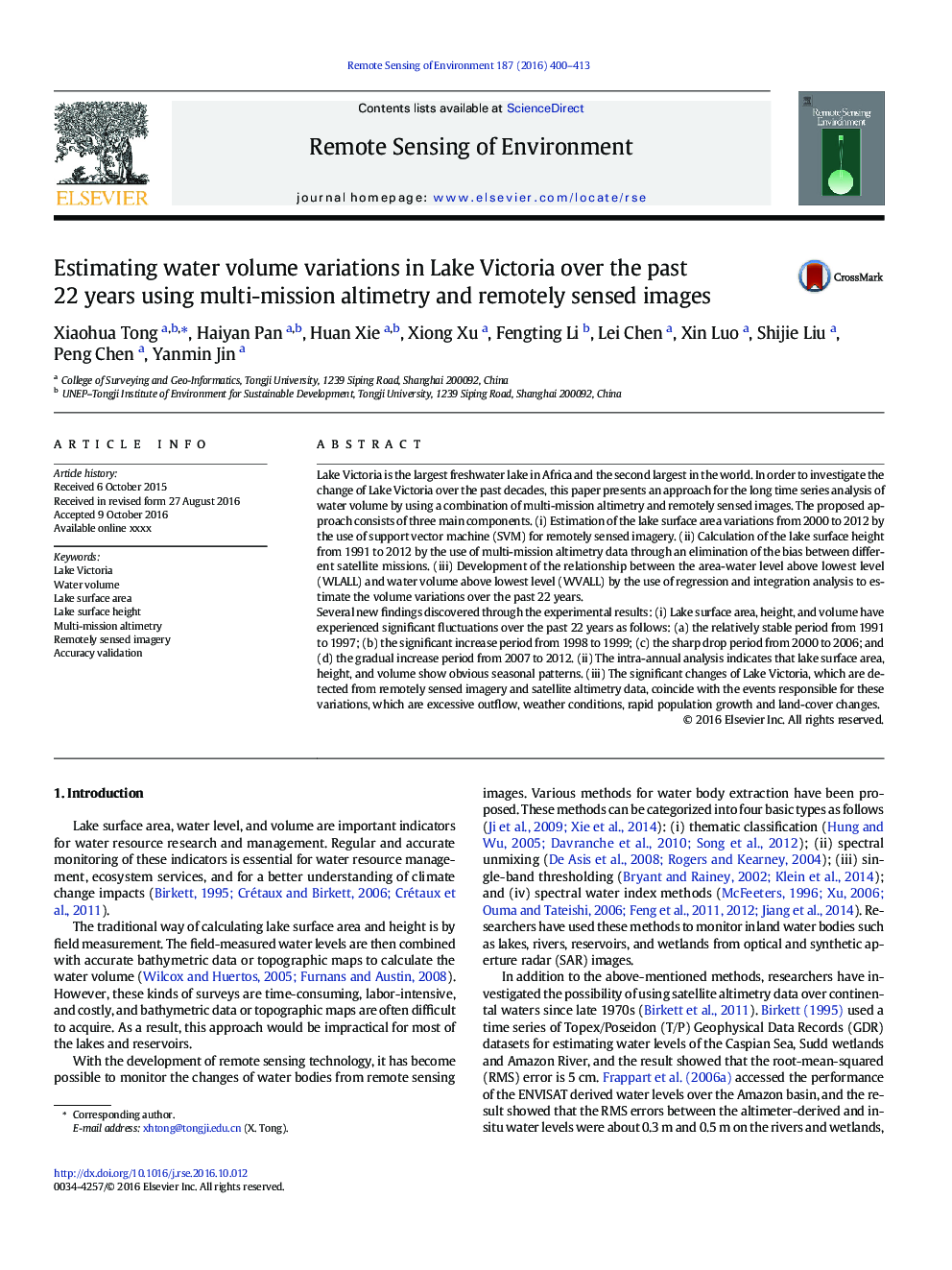 Estimating water volume variations in Lake Victoria over the past 22Â years using multi-mission altimetry and remotely sensed images