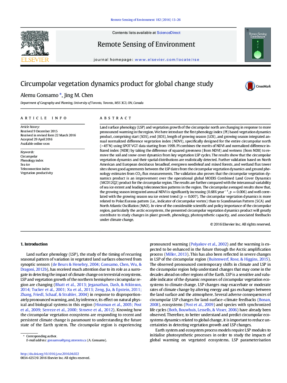 Circumpolar vegetation dynamics product for global change study