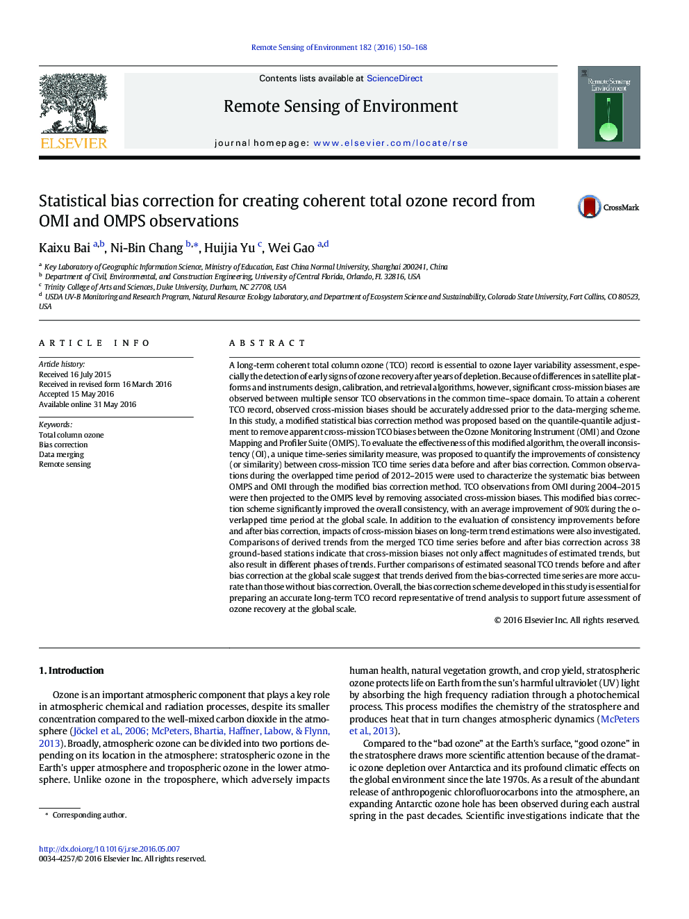 Statistical bias correction for creating coherent total ozone record from OMI and OMPS observations