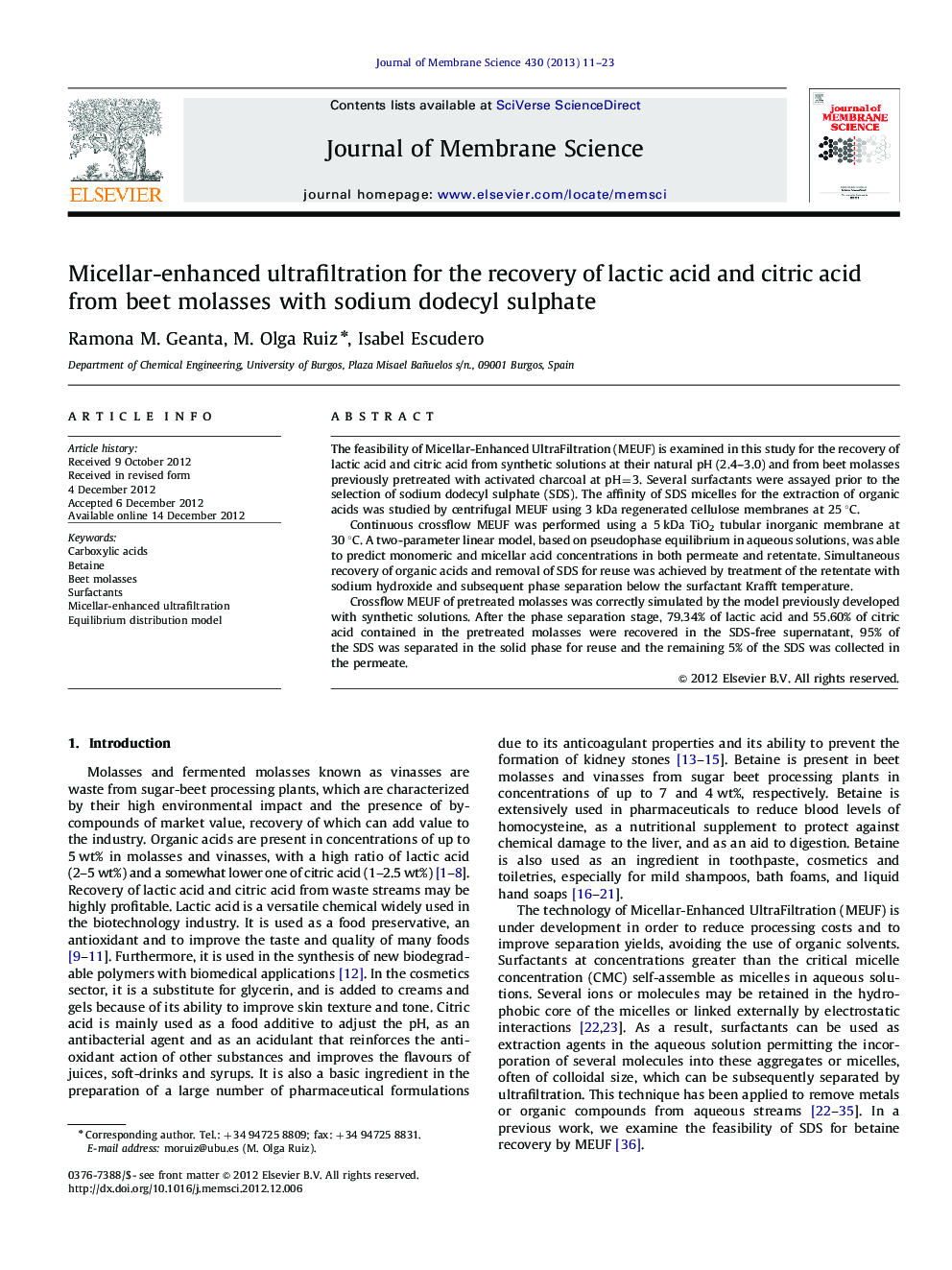 Micellar-enhanced ultrafiltration for the recovery of lactic acid and citric acid from beet molasses with sodium dodecyl sulphate