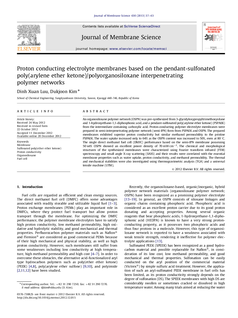 Proton conducting electrolyte membranes based on the pendant-sulfonated poly(arylene ether ketone)/polyorganosiloxane interpenetrating polymer networks