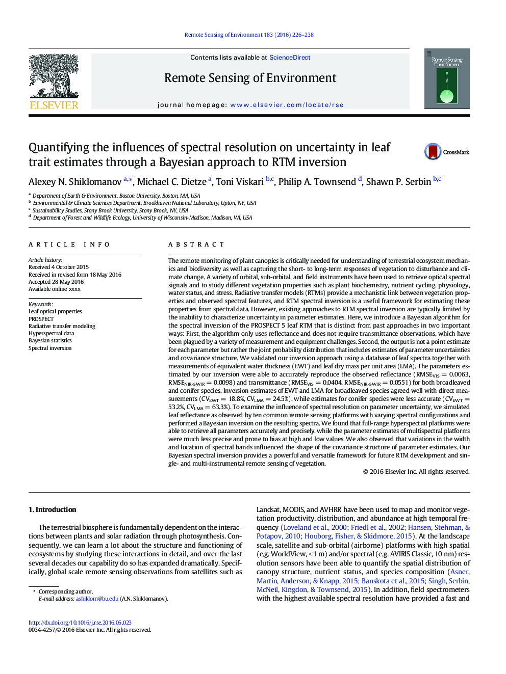 Quantifying the influences of spectral resolution on uncertainty in leaf trait estimates through a Bayesian approach to RTM inversion