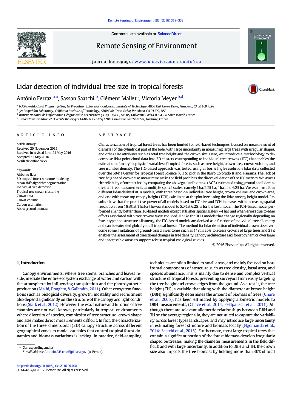 عکس صفحه اول مقاله: Lidar detection of individual tree size in tropical forests Lidar detection of individual tree size in tropical forests
