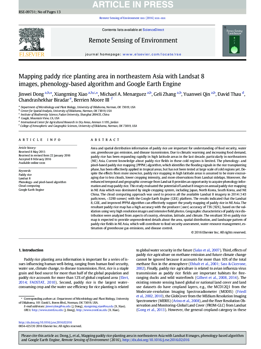 Mapping paddy rice planting area in northeastern Asia with Landsat 8 images, phenology-based algorithm and Google Earth Engine