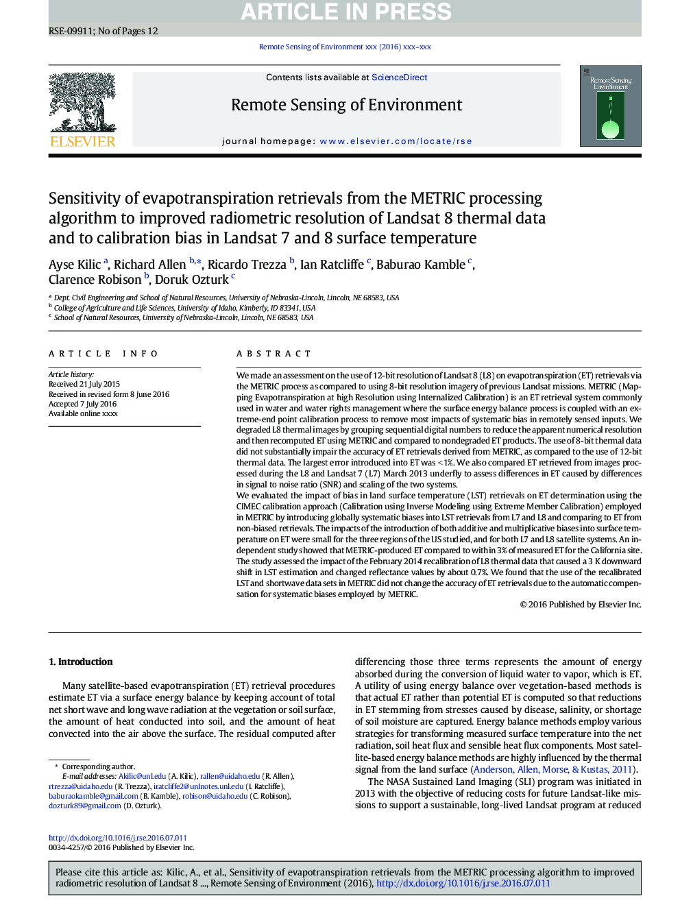 Sensitivity of evapotranspiration retrievals from the METRIC processing algorithm to improved radiometric resolution of Landsat 8 thermal data and to calibration bias in Landsat 7 and 8 surface temperature