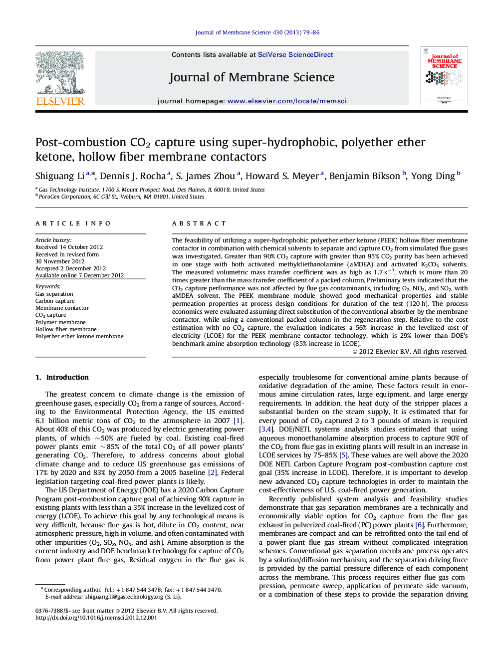 Post-combustion CO2 capture using super-hydrophobic, polyether ether ketone, hollow fiber membrane contactors