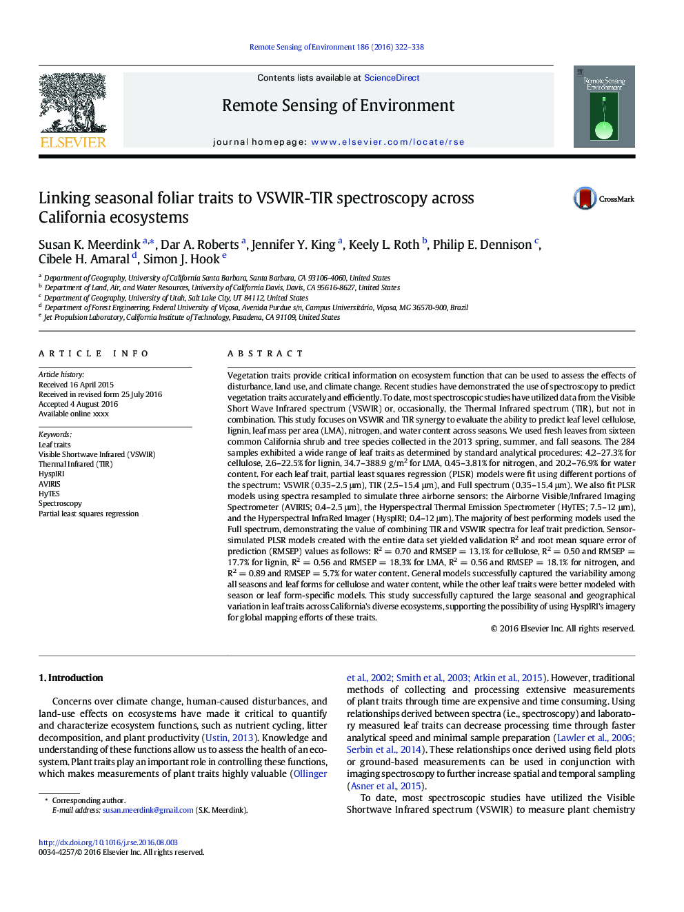 Linking seasonal foliar traits to VSWIR-TIR spectroscopy across California ecosystems