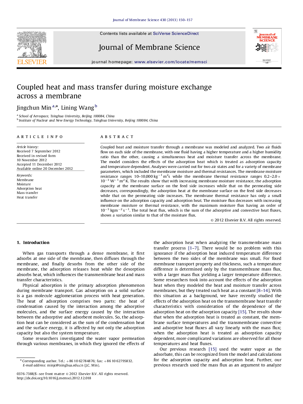 Coupled heat and mass transfer during moisture exchange across a membrane