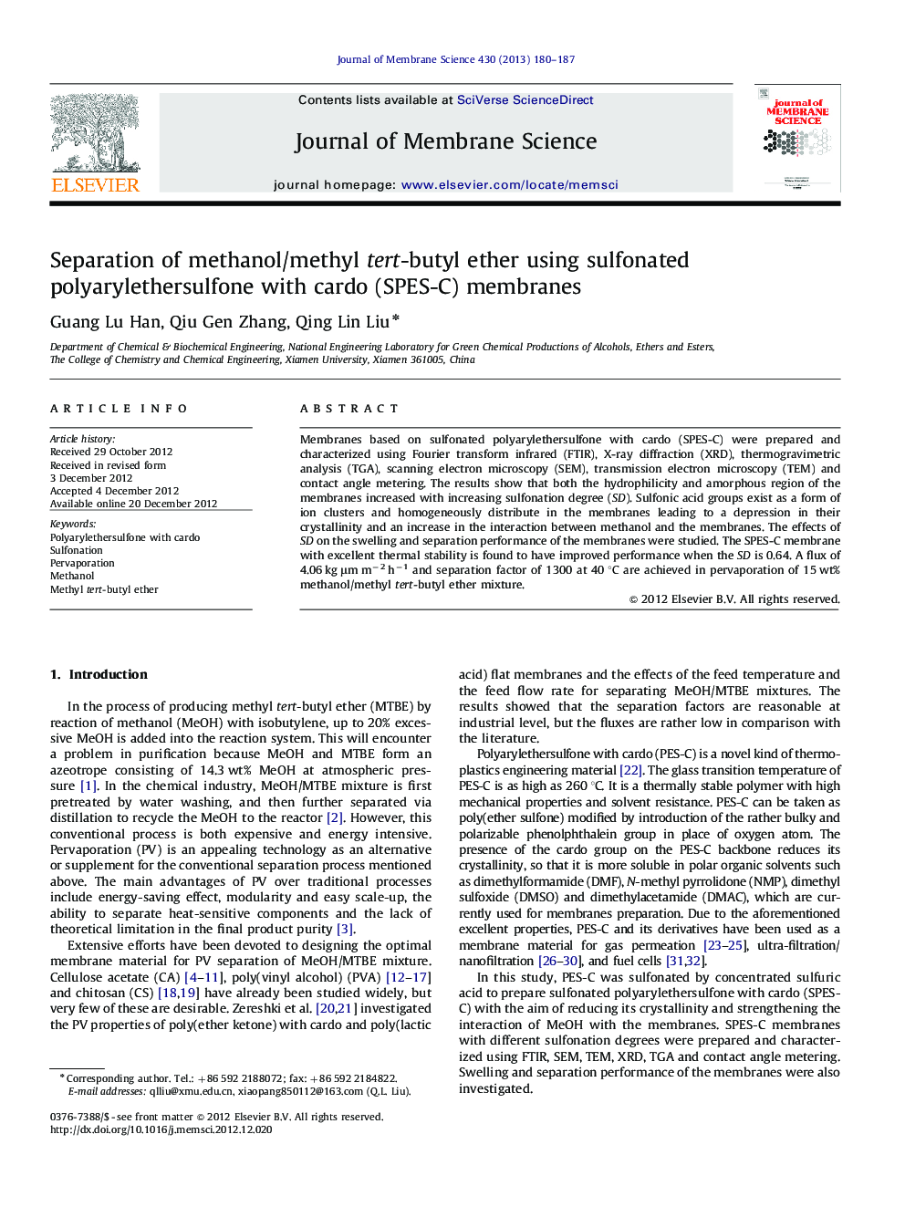 Separation of methanol/methyl tert-butyl ether using sulfonated polyarylethersulfone with cardo (SPES-C) membranes