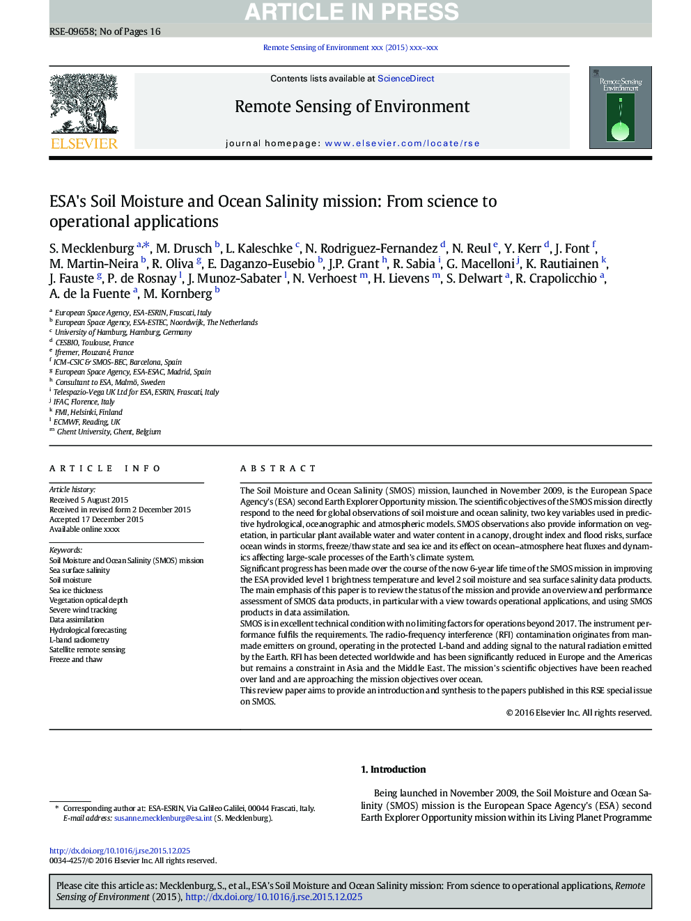 ESA's Soil Moisture and Ocean Salinity mission: From science to operational applications