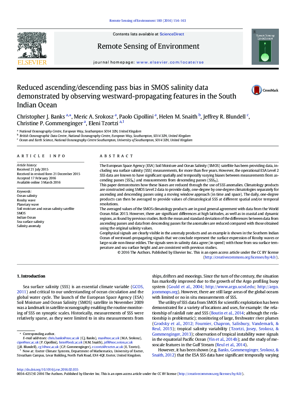 Reduced ascending/descending pass bias in SMOS salinity data demonstrated by observing westward-propagating features in the South Indian Ocean