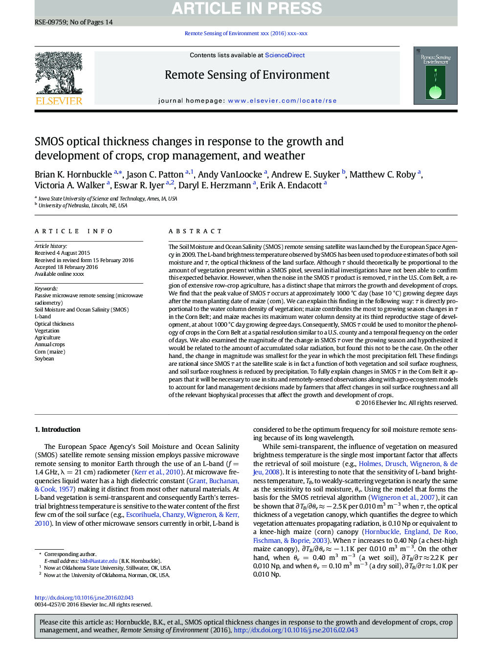 SMOS optical thickness changes in response to the growth and development of crops, crop management, and weather