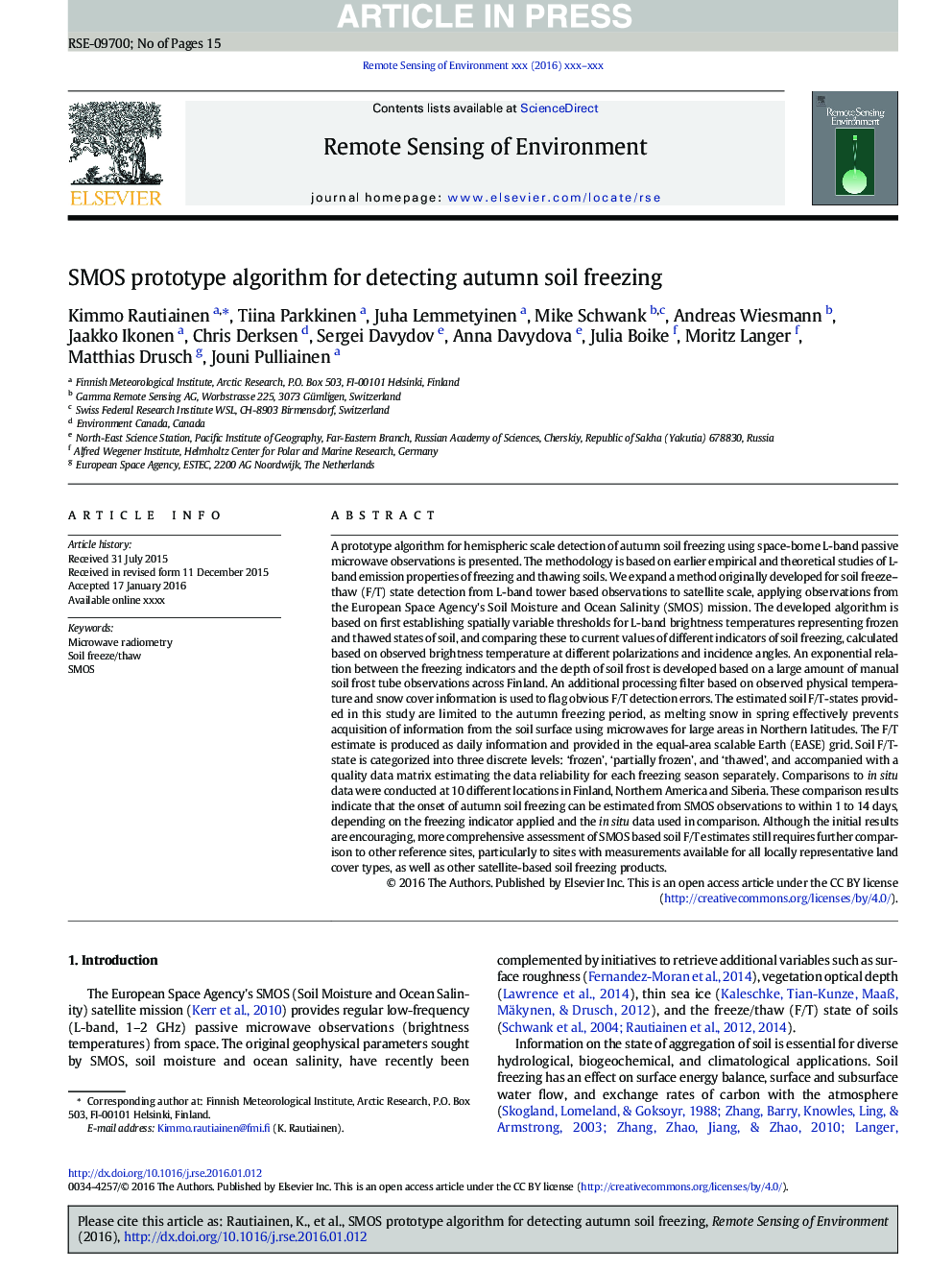 SMOS prototype algorithm for detecting autumn soil freezing