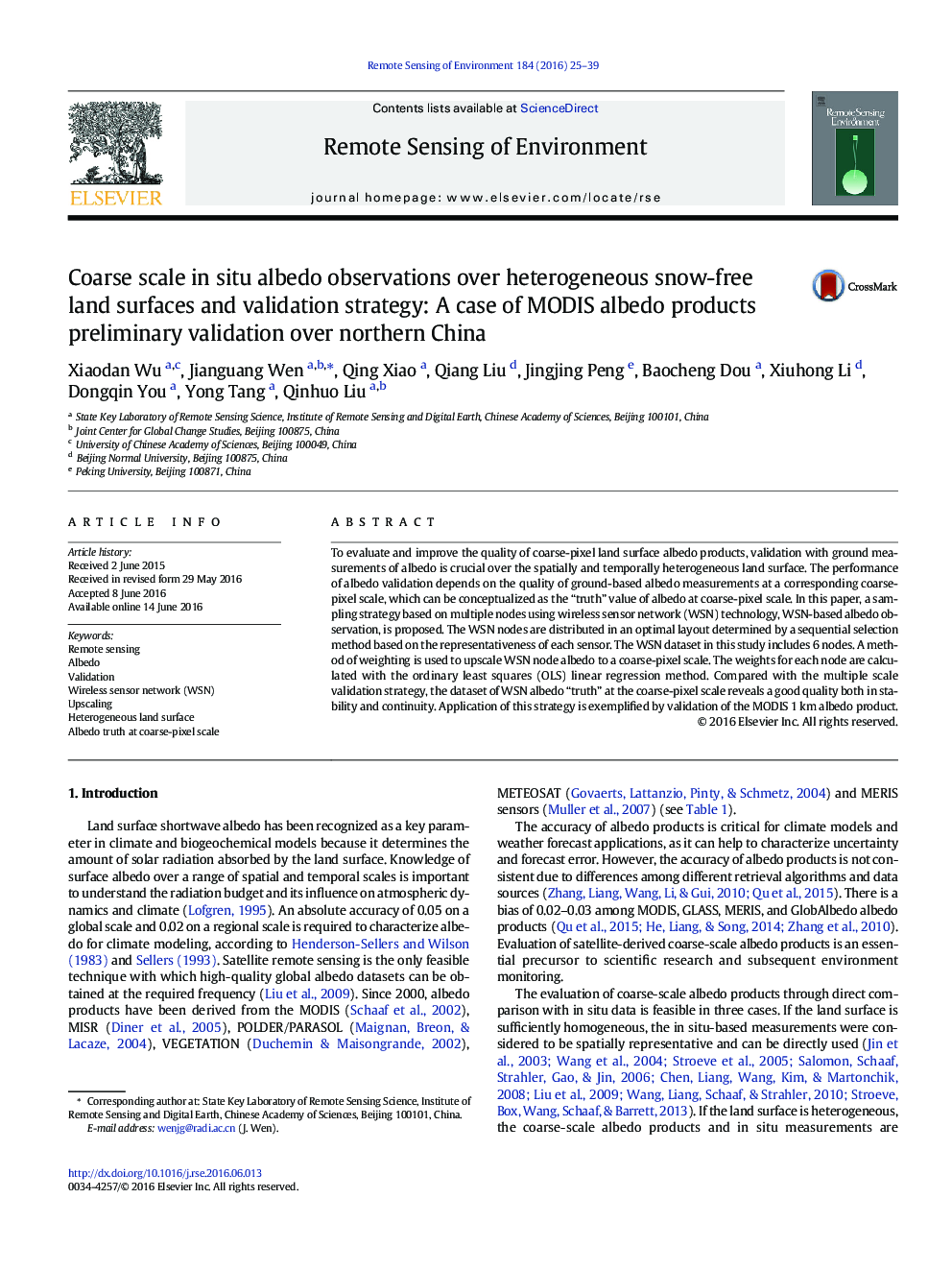 Coarse scale in situ albedo observations over heterogeneous snow-free land surfaces and validation strategy: A case of MODIS albedo products preliminary validation over northern China