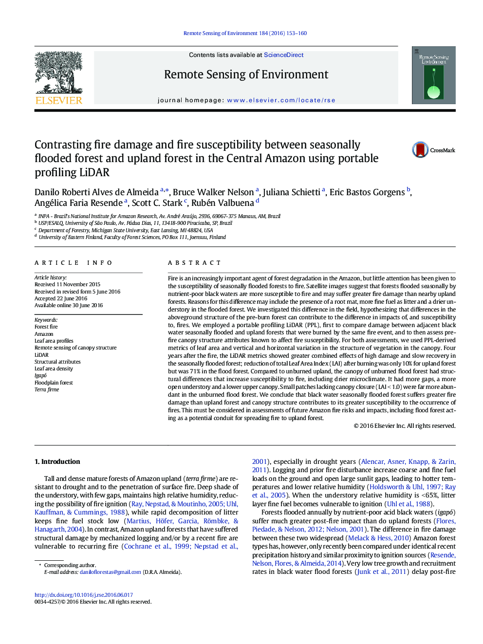 عکس صفحه اول مقاله: Contrasting fire damage and fire susceptibility between seasonally flooded forest and upland forest in the Central Amazon using portable profiling LiDAR Contrasting fire damage and fire susceptibility between seasonally flooded forest and upland forest in the Central Amazon using portable profiling LiDAR