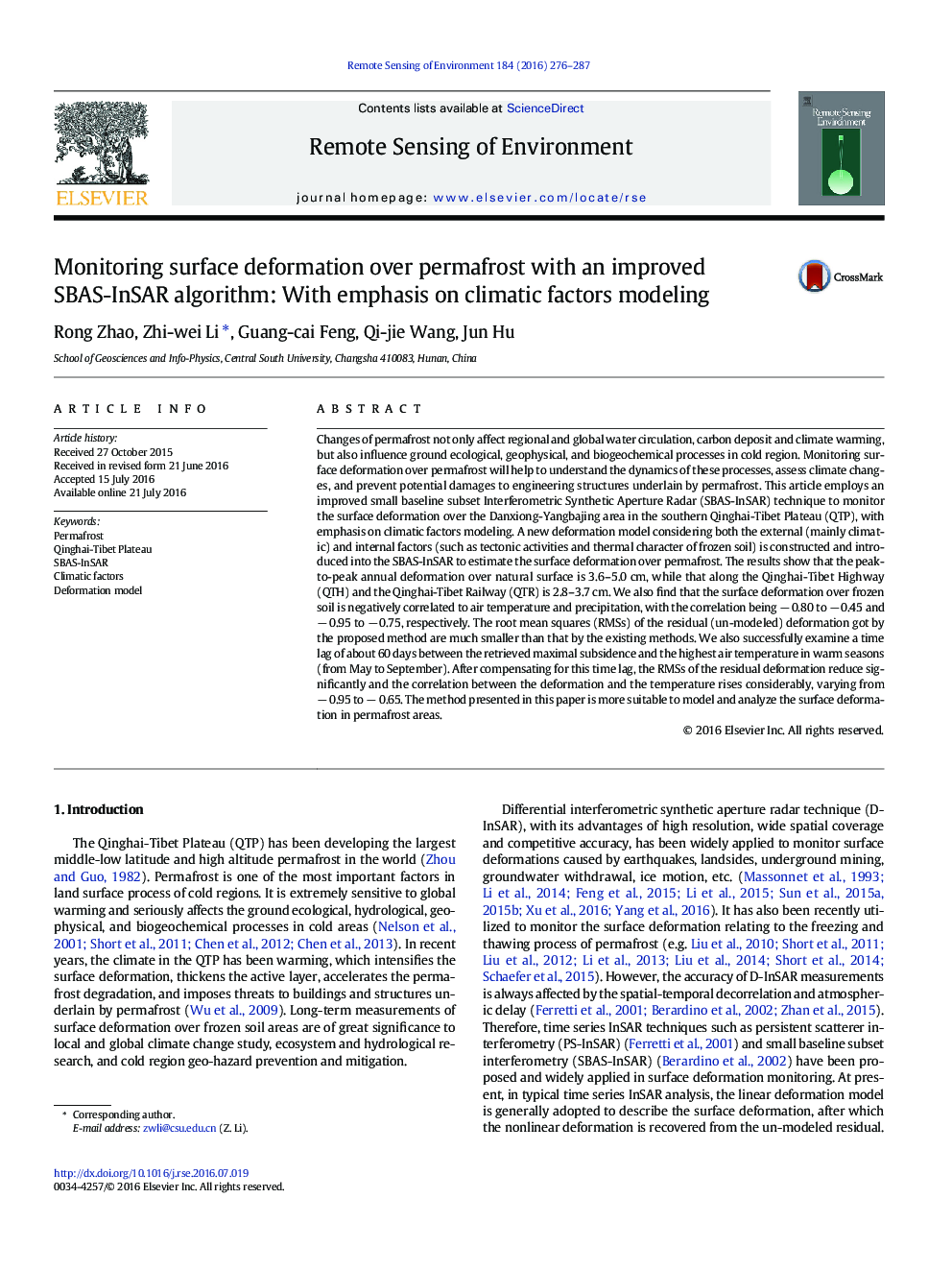 Monitoring surface deformation over permafrost with an improved SBAS-InSAR algorithm: With emphasis on climatic factors modeling