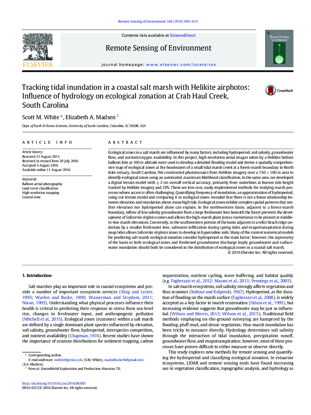 Tracking tidal inundation in a coastal salt marsh with Helikite airphotos: Influence of hydrology on ecological zonation at Crab Haul Creek, South Carolina