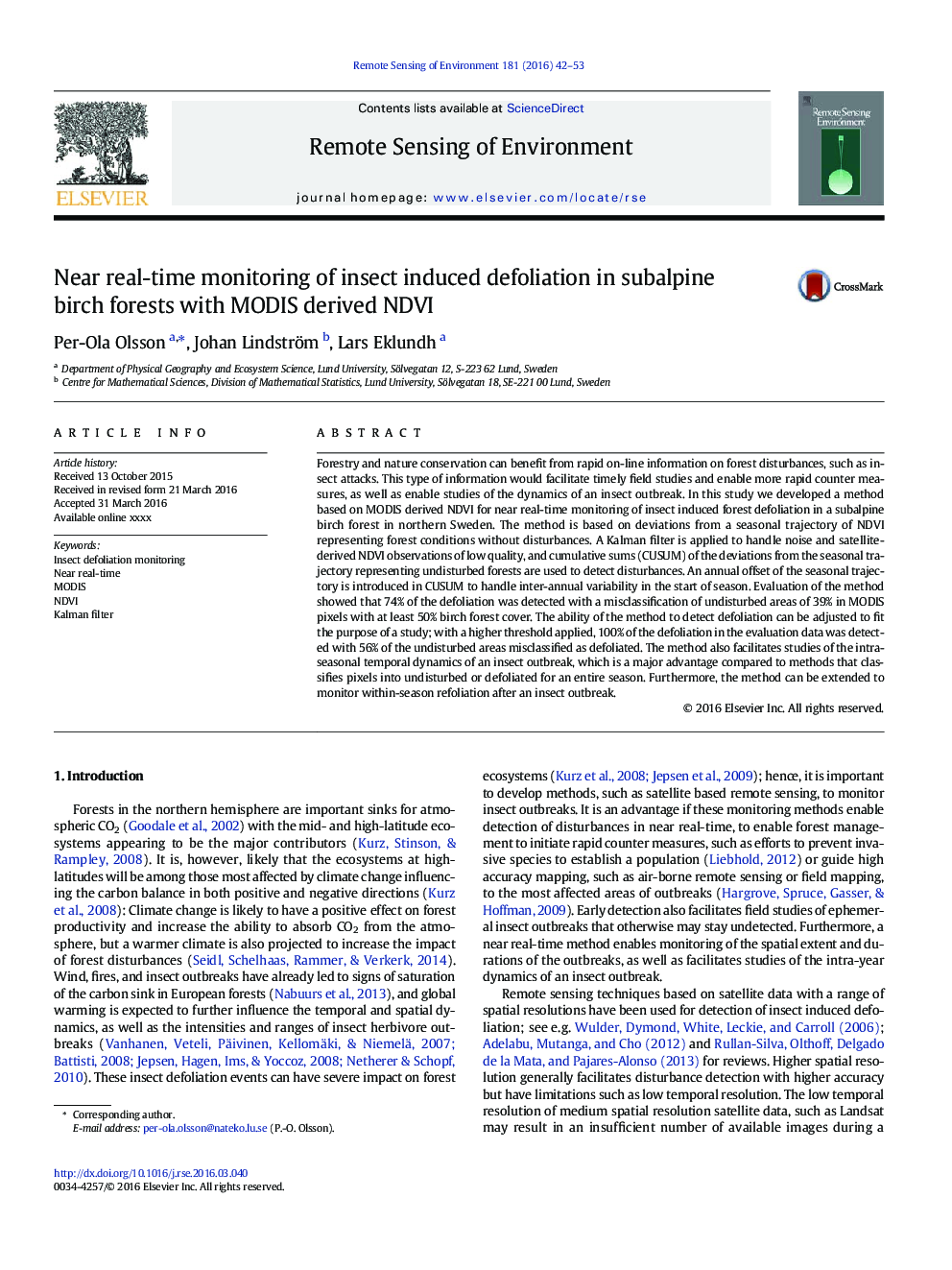 Near real-time monitoring of insect induced defoliation in subalpine birch forests with MODIS derived NDVI