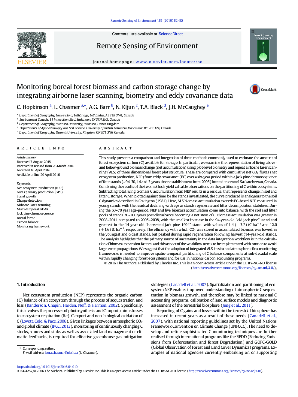 Monitoring boreal forest biomass and carbon storage change by integrating airborne laser scanning, biometry and eddy covariance data